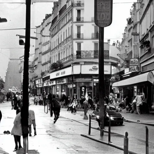 Prompt: a busy street on paris in 1 9 7 0