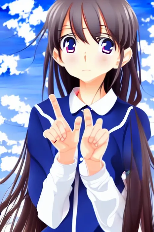 Image similar to full body anime portrait of a cute girl round eyes long hair dressed in a school uniform inside the school, peace sign, stunning, highly detailed, anatomically correct