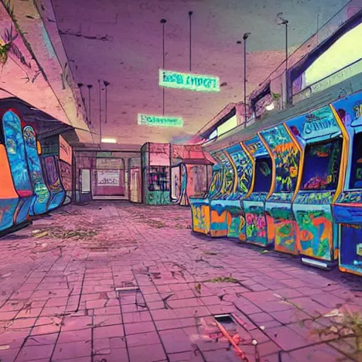 Image similar to beautiful, stunning digital art of an abandoned 1980s arcade with graffiti on the walls and plants growing from the cracks with colorful arcade games. by marc simonetti, featured on artstation