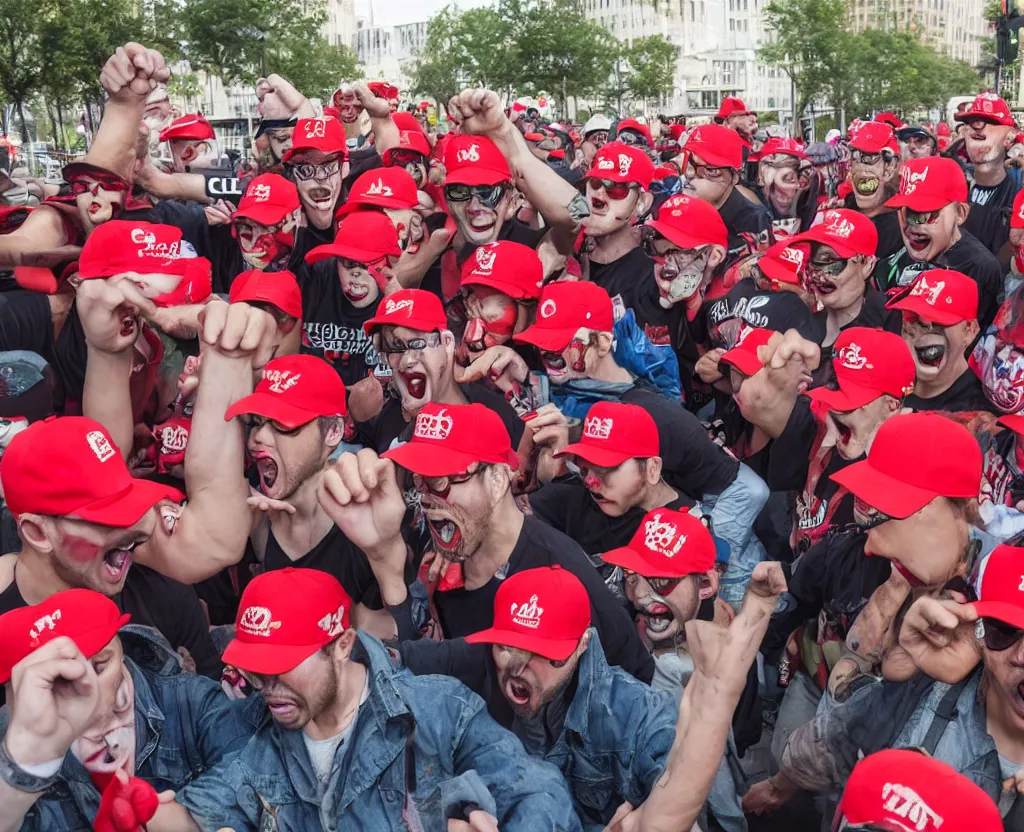 Image similar to a group of angry clowns wearing red trucker hats with logos attacking a government building