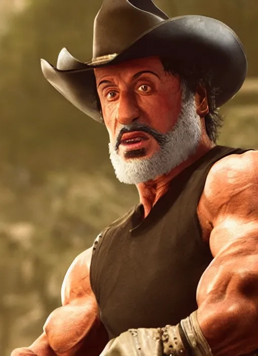 Image similar to an film still of sylvester stallone as cowboy with beard, western background, unreal engine. amazing likeness. very detailed.