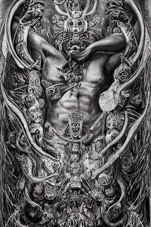 Image similar to a beautiful painting of full - body mayan jaguar warrior, wisdom, good and evil, white ink + magical + symmetrical + detailed intricate + heraldic design + atmosphere high details, in the style of jean delville, artstation, 8 k, 4 k, cinematic