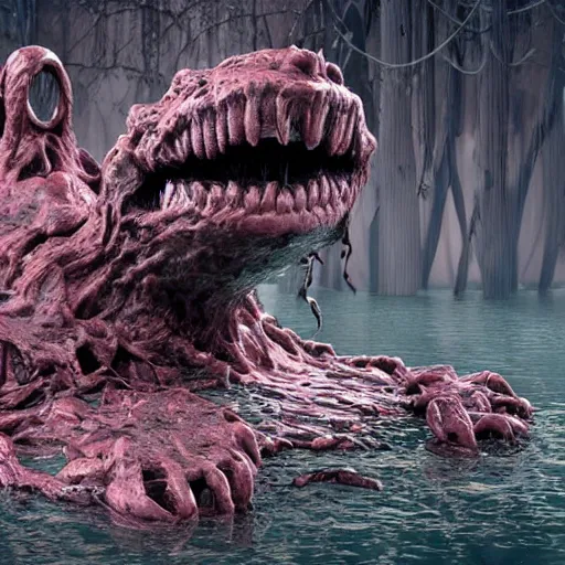 Prompt: the ghastly amorphous radioactive and mutated plastic monster rising uncontrollably out of an artificial swamp made of molten plastic, the monster looks like a garbage bag, cgsociety, high detailed, photo of the year 2 0 2 2