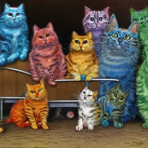 Image similar to A group of photogenic cats at a car wash by Louis Wain, trending on artstation