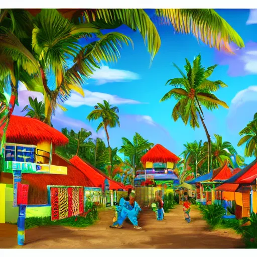 Image similar to a village on a tropical island, very colorful, beach, palms, trending on artstation