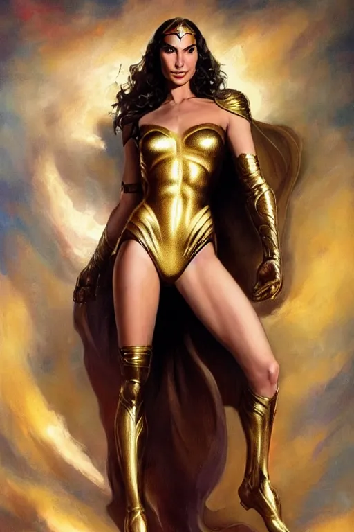 Prompt: a stunning full body portrait of gal gadot wearing a golden full body catsuit, fantasy art by frank frazetta and boris vallejo and julie bell, highly detailed, trending on artstationhq