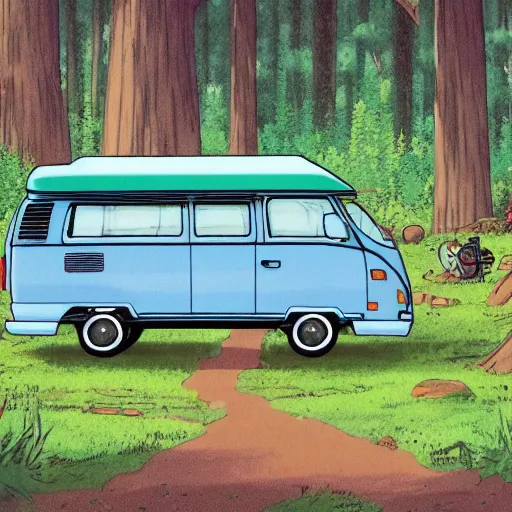 Image similar to a wide shot of a 1 9 9 0 s volkswagon camper van in a forest in the style of studio ghibli and moebius