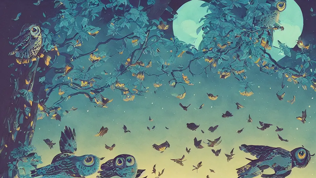 Prompt: very detailed, ilya kuvshinov, mcbess, rutkowski, victo ngai, watercolor illustration of owls flying at night, colorful, mural, deep shadows, astrophotography, highly detailed