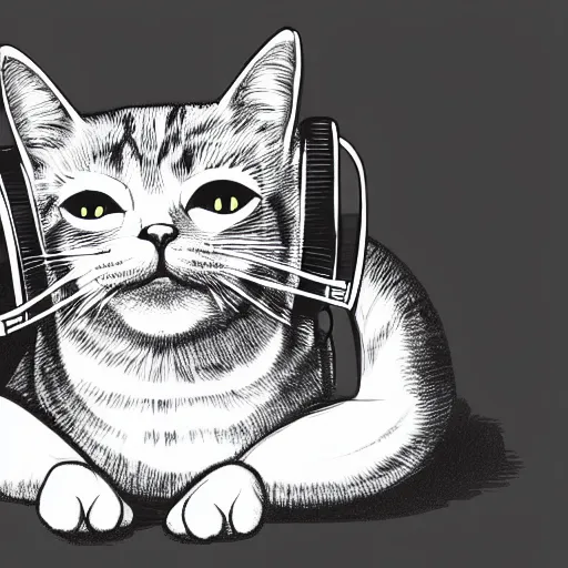 Prompt: illustration of cat with headphone