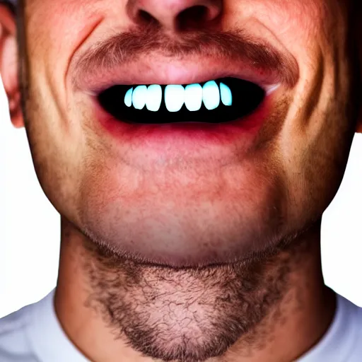 Prompt: photograph of smiling man with christian cross inside his mouth, 8k resolution, high detail, ULTRA REALISTIC VFX, reflections