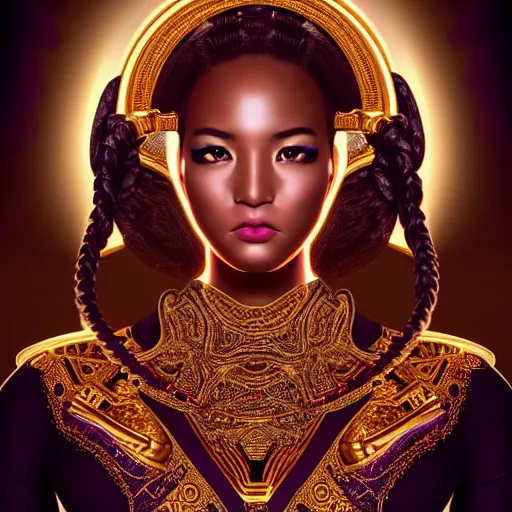 Prompt: ( ( ( portrait of tech goddess ) ) ), zoom, rule of thirds, atmosphere, intricate, regal, latinas, ( brown skin ), symmetrical!!, loreal, maybelline, sephora, loreal, artstation, art by artgerm and gonzalo ordonez arias, moody, concept art, filmic, vsco