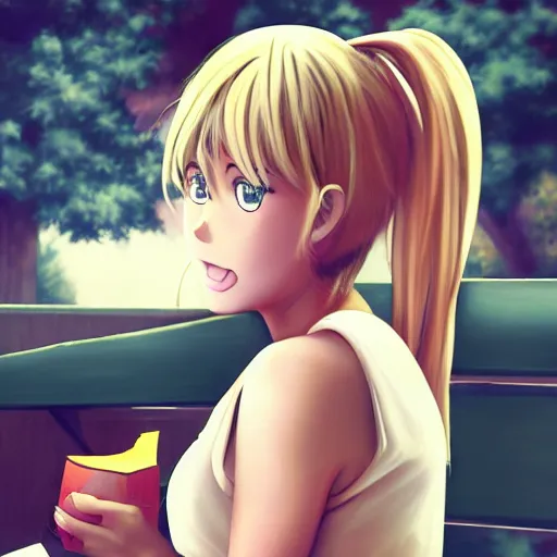 Prompt: anime cartoon of miley cyrus sat on a bench eating cheese, hyperrealism, award winning, stunning, trending on art station, highly detailed, cinematic lighting, 8 k, hd