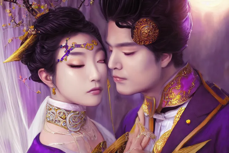 Prompt: a cinematic portrait of wedding photograph jpeg close up moment of a divine a japan sun god and moon goddess lovers magician at a wedding banquet. portraiture. digital painting. artstation. concept art. fantasy wedding photo. digital painting, 8 k realistic, hyper detailed, violet evergarden art masterpiece by art by krenz cushart