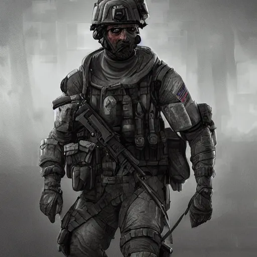 Prompt: Shellshocked Mercenary Special Forces soldier in grey uniform with black armored vest in 2020, by Cedric Peyravernay, highly detailed, excellent composition, cinematic concept art, dramatic lighting, trending on ArtStation