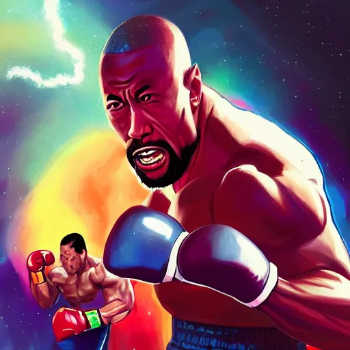 Prompt: dwayne johnson boxing with evil obama, digital painting, artstation, ristan eaton, victo ngai, artgerm, rhads, ross draws, anime styled