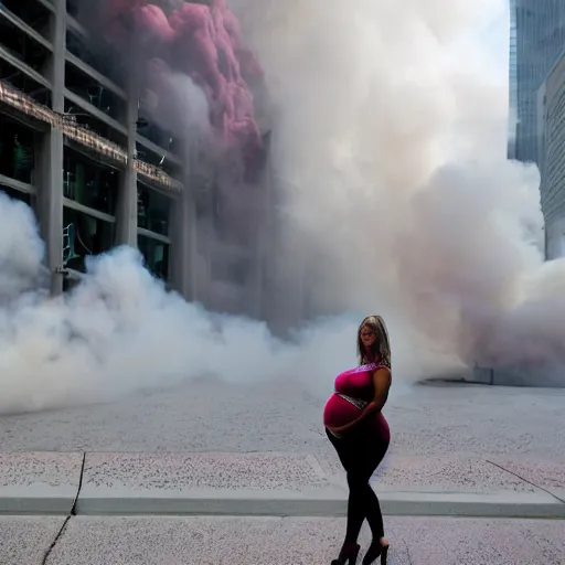 Prompt: a beautiful blonde pregnant woman, in front of the collapsing world trade center on 9 / 1 1 with pink smoke, 1 2 0 mm, clear details, award winning