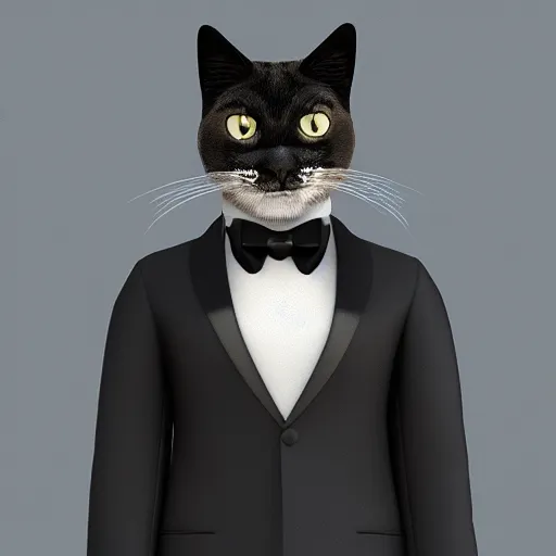 Prompt: photorealistic cat man wearing a tuxedo. hyperdetailed photorealism, 1 0 8 megapixels, cinematic lighting