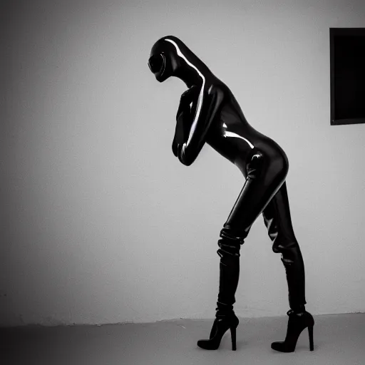 Image similar to fashion photography of a genderless deformed alien model, wearing a black catsuit, full body, photo 3 5 mm leica, hyperdetail, berghain, 8 k, very detailed, black and white