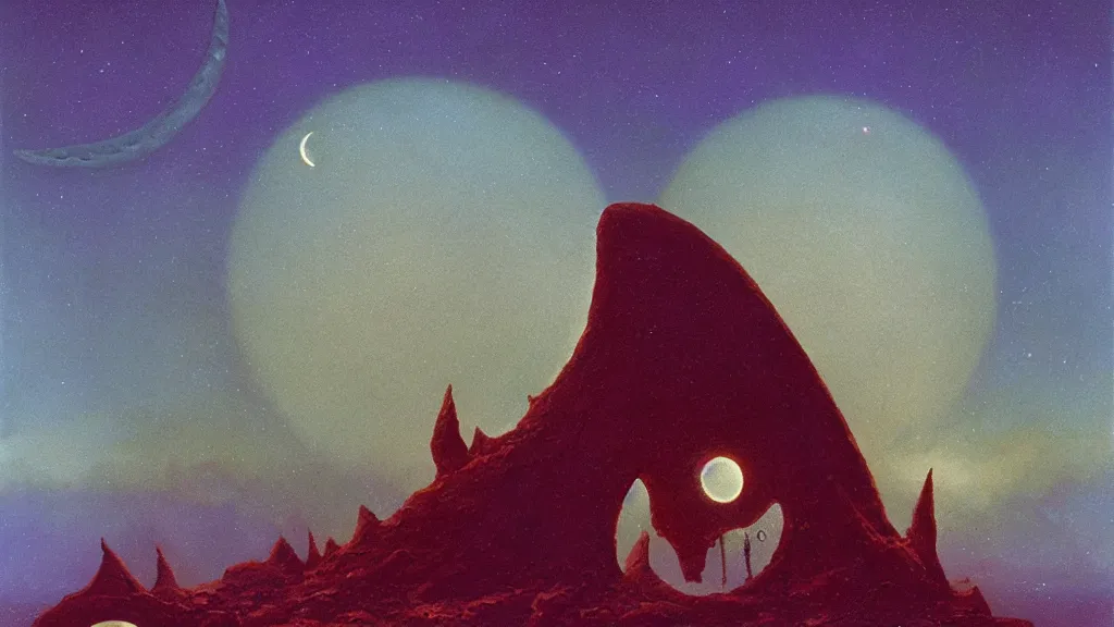 Image similar to mysterious whimsical sculpture of an alien crescent moon by paul lehr and john schoenherr and john harris, cinematic matte painting