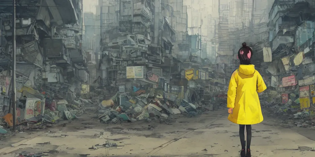 Image similar to backlit distant shot of girl in a parka running from a giant robot invasion side view, yellow parasol in deserted dusty shinjuku junk town, incredible wide screenshot, ultrawide, simple watercolor, rough paper texture, ghost in the shell movie scene, broken vending machines, bold graphic graffiti, old pawn shop, bright sun bleached ground, mud, fog, dust, windy, scary robot monster lurks in the background, ghost mask, teeth, animatronic, black smoke, pale beige sky, junk tv, texture, brown mud, dust, tangled overhead wires, telephone pole, dusty, dry, pencil marks, genius party, shinjuku, koji morimoto, katsuya terada, masamune shirow, tatsuyuki tanaka hd, 4k, remaster, dynamic camera angle, deep 3 point perspective, fish eye, dynamic scene