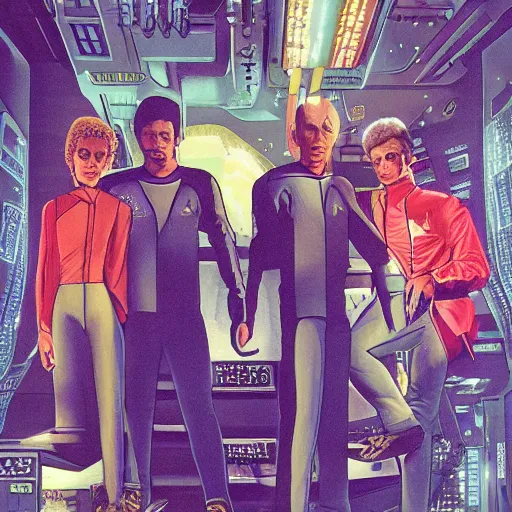 Prompt: Star Trek the next generation crew portrait, cyberpunk, synthwave, highly detailed