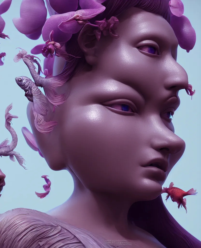 Image similar to goddess full painted acryllic sculpture close-up portrait. orchid bird betta fish, intricate artwork by Tooth Wu and wlop and beeple. octane render, trending on artstation, greg rutkowski very coherent symmetrical artwork. cinematic, hyper realism, high detail, octane render, 8k