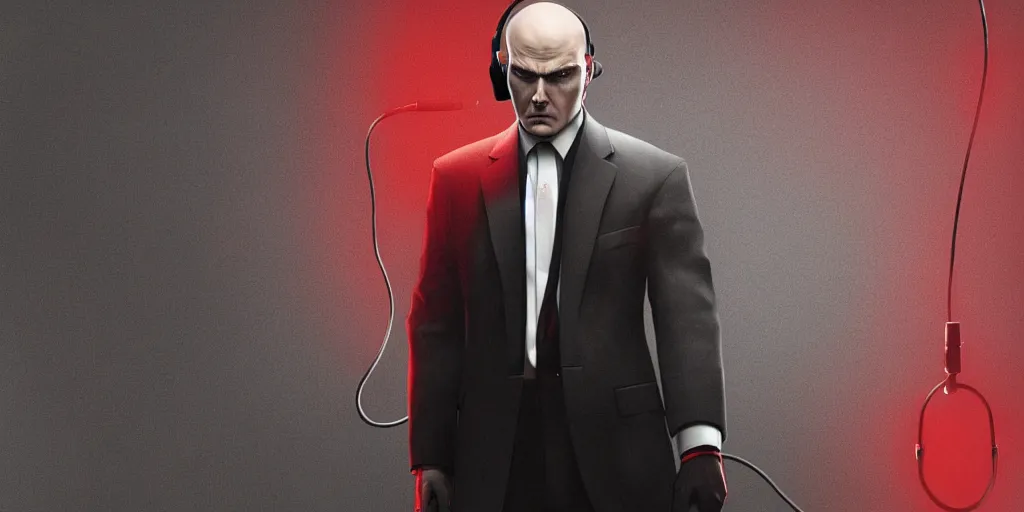 Prompt: a portrait of agent 4 7 from hitman wearing large headphones with wires in the background listening to music, dark background, red rim light, smooth, sharp focus, art by irina french