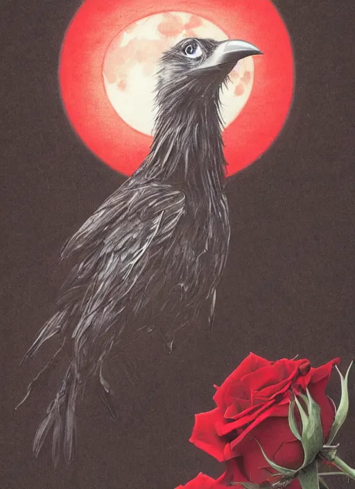 Prompt: portrait, A proud crow with red eyes in front of the full big moon, book cover, red roses at the top, red white black colors, establishing shot, extremly high detail, foto realistic, cinematic lighting, pen and ink, drawing, by Yoshitaka Amano, Ruan Jia, Kentaro Miura, Artgerm, post processed, concept art, artstation, matte painting, style by eddie mendoza, raphael lacoste, alex ross