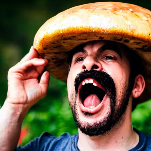 Image similar to photo of real life mario finding a giant mushroom, exhilarated, portrait, closeup. mouth open, 30mm, bokeh