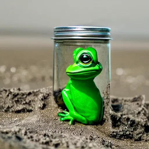 Prompt: A frog in a glass jar on a beach background