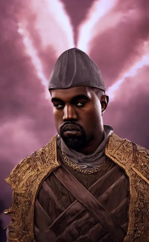 Image similar to Portrait of Kanye West as Emperor Napoleon in Skyrim, splash art, movie still, cinematic lighting, dramatic, octane render, long lens, shallow depth of field, bokeh, anamorphic lens flare, 8k, hyper detailed, 35mm film grain