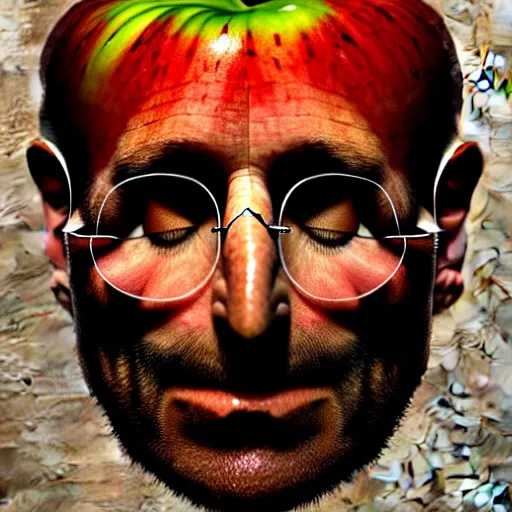 Image similar to apples arranged in the shape of a face resembling steve jobs, fantasy, intricate, elegant, highly detailed, lifelike, photorealistic, digital painting, artstation, illustration, smooth, sharp focus, art by giuseppe arcimboldo