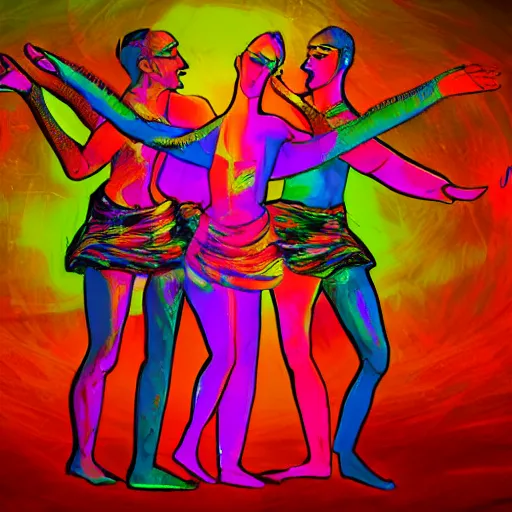 Image similar to tantric trio dancing in a trip, two men and a girl, psychodelic art, trending on artstation, artstationHD