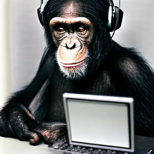 Image similar to a chimpanzee smiles with headphones on his head sits on a chair and looks at the computer holding the mouse, polaroid photo