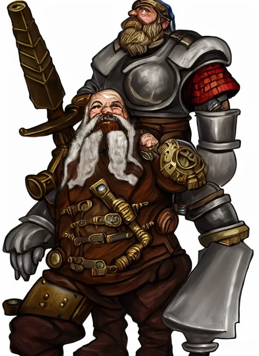 Image similar to a dwarf artificer and a giant robot, the dwarf holds a musket, rifle, golem, steampunk, fantasy art, chinese fantasy, dungeons and dragons, tabletop rpg, ghostblade, wlop.