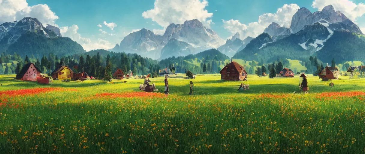 Image similar to a ultra photorealistic and sharp film still of an a sunny and colourful open field in 1 9 0 0 in the middle of the bavarian alps, germany. wide shot, wes anderson, studio ghibli, pixar and disney animation, octane render, anime key art by greg rutkowski, dramatic lighting, award winning photography