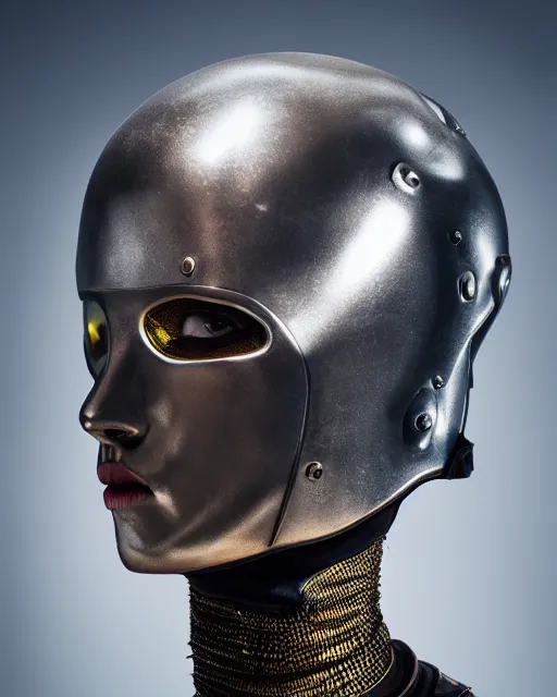 Image similar to realistic photo portrait of a metal hero woman with human head, studio lighting, 1 5 0 mm