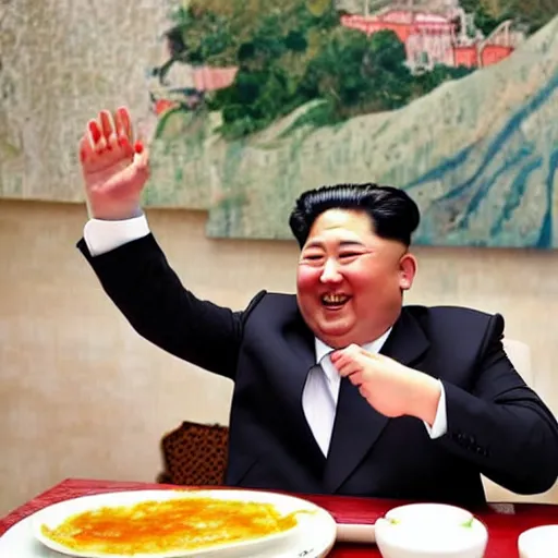 Image similar to happy kim jon - un eating spanish potato omelette