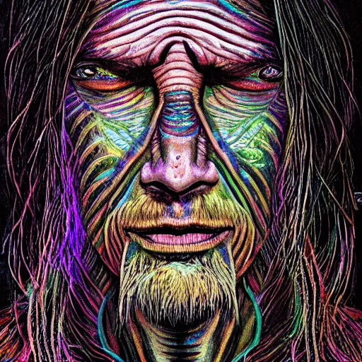 Image similar to dark portrait of one Bioluminescent old shaman, with cracked reaction diffusion semi-transparent skin. multicolored fish scales, closeup. long dark hair with insects. realistic. intricate, very detailed, by alex grey and Moebius