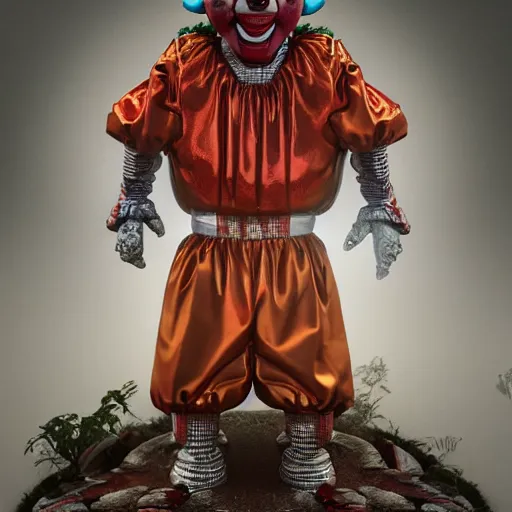 Image similar to clown from the movie it as a cyborg robot on a miniature town, studio lighting, unreal render, unreal engine 5, octane render, enchanted plants, cinematic, intricate, ornate, photorealistic, ultra detailed, realistic, 1 0 0 mm, photography, octane, high definition, depth of field, bokeh, 8 k, behance, trending on artstation