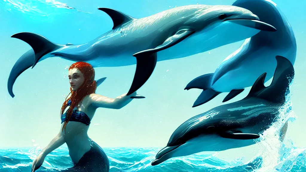 Image similar to a queen of the ocean, also with beautiful nice human face, swimming with dolphins in ocean, detailed digital art by greg rutkowski.