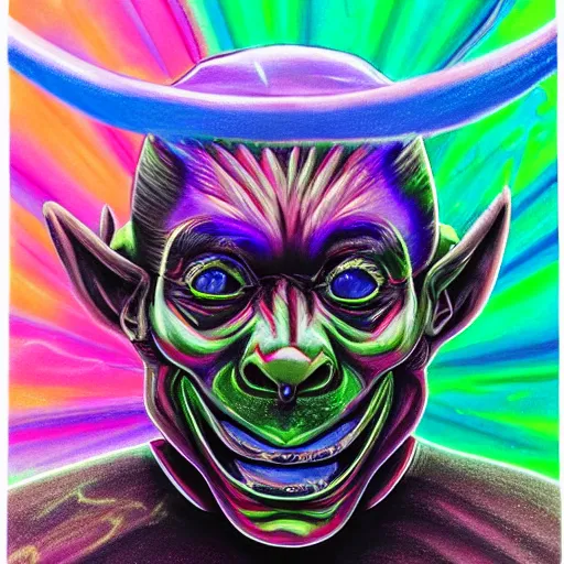 Image similar to psychedelic airbrush art of an orc riding a motorcycle, black background, stylized, radical 90s, soft edges, smooth gradients, airbrushed, grainy