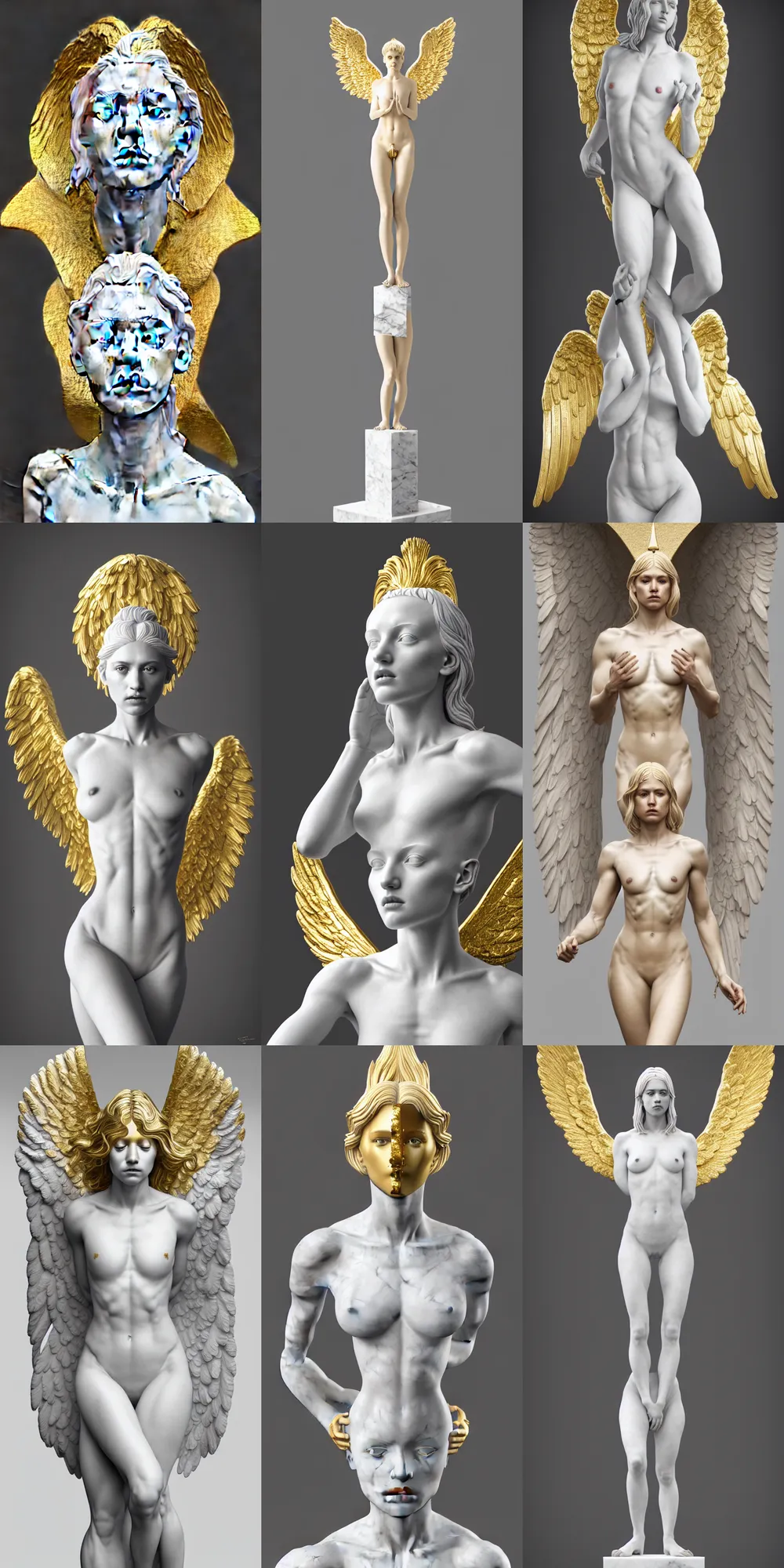 Prompt: a statue made of white marble with and gold of a beautiful blonde angel girl, full body shot, perfect symmetrical body, perfect symmetrical face, hyper realistic, hyper detailed, by johannen voss, by peter kemp, by monia merlo, by michelangelo, octane render, blender, 8 k