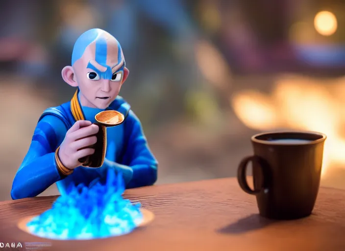 Prompt: real life avatar aang waterbending coffee out of his cup. highly detailed 8 k. intricate. lifelike. soft light. sony a 7 r iv 5 5 mm. cinematic post - processing