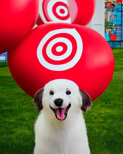 Image similar to target mascot bullseye in front of target logo artistic ad campaign closeup Portrait photo Leica Zeiss red balloons everywhere