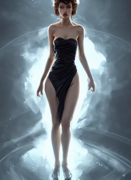 Image similar to beautiful fashion goddness, strapless dress, character portrait in the style of thomas river and artgerm, wlop, cinematic lighting, hyperdetailed, 8 k realistic, symmetrical, global illumination, radiant light, halo, love and mercy, frostbite 3 engine, cryengine, dof, trending on artstation, digital art, chanel