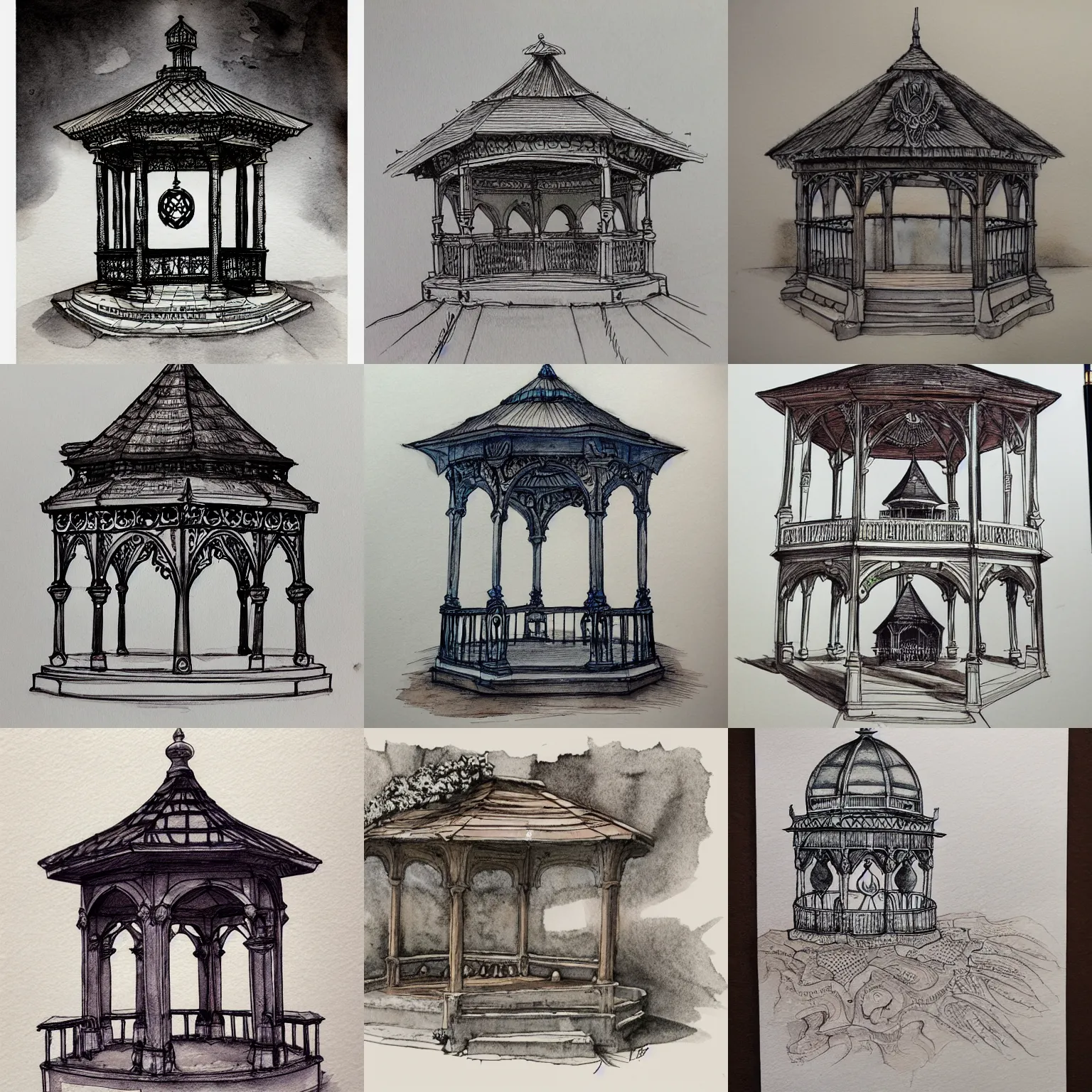 Image similar to beautiful aesthetic inspirational masterful professional ink pen and watercolor sketch of an occult mystic gazebo, ultra detailed, fine details, trending on artstation, high quality paper