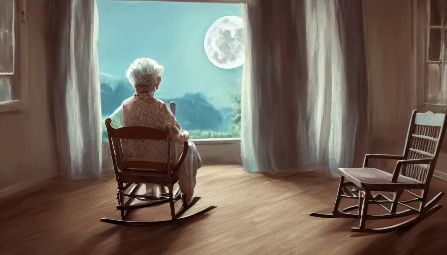 Image similar to landscape of an old lady in a rocking chair looking out of the window at the moon. old house. hyperdetailed, artstation, cgsociety, 8 k