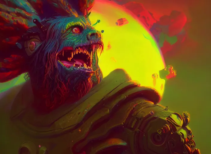 Prompt: A psychedelic portrait of ork griffon, vibrant color scheme, highly detailed, in the style of romanticism, cinematic, artstation, Moebius, Greg rutkowski