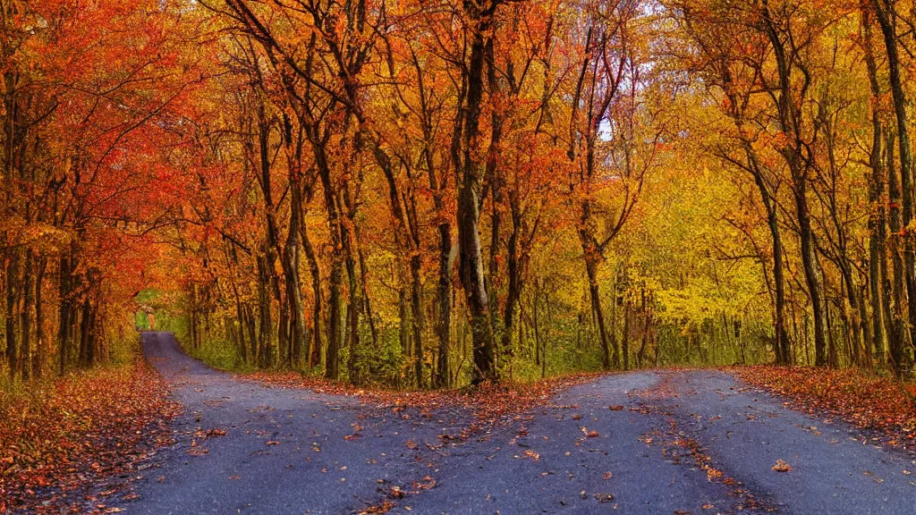 Image similar to a realistic photograph of a country road lined on both sides by maple and poplar trees, in the autumn, red orange and yellow leaves, some leaves have fallen and are under the trees and on the!!!! road